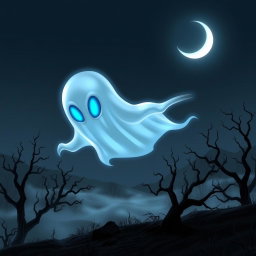 A stylized ghost resembling a specter from popular video games, floating ethereally above a spooky, desolate landscape at night