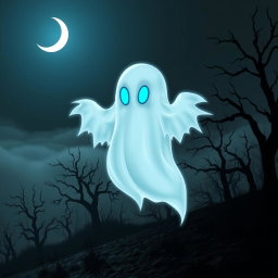 A stylized ghost resembling a specter from popular video games, floating ethereally above a spooky, desolate landscape at night
