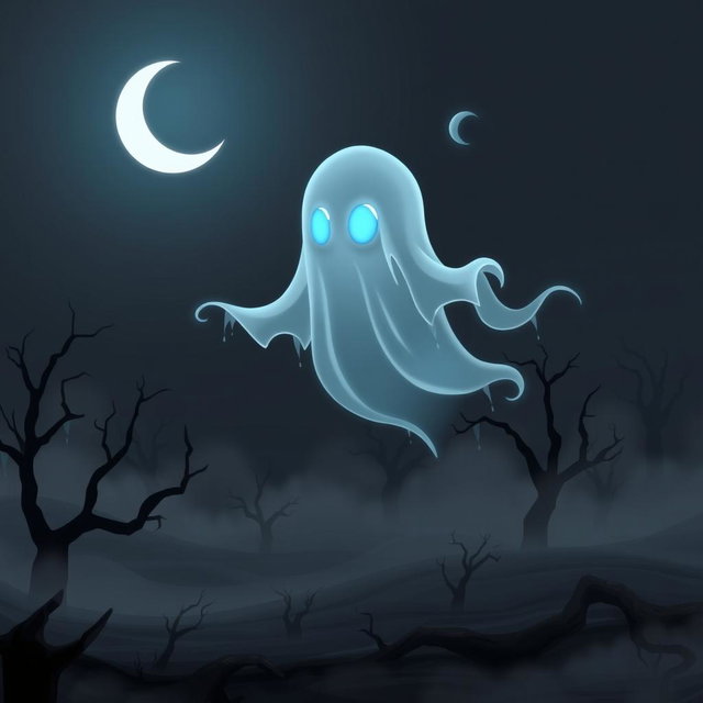 A stylized ghost resembling a specter from popular video games, floating ethereally above a spooky, desolate landscape at night