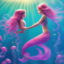 The enchanting mermaid now notices a young boy struggling beneath the waves. With swift grace, she navigates through the electric pink jellyfish, swimming quickly to his rescue.