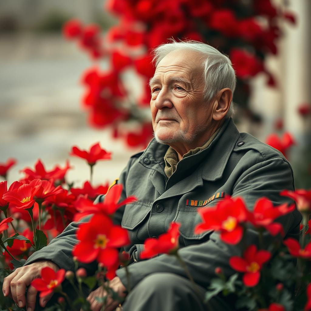 An elderly man sitting peacefully among vibrant red flowers, dressed in military attire