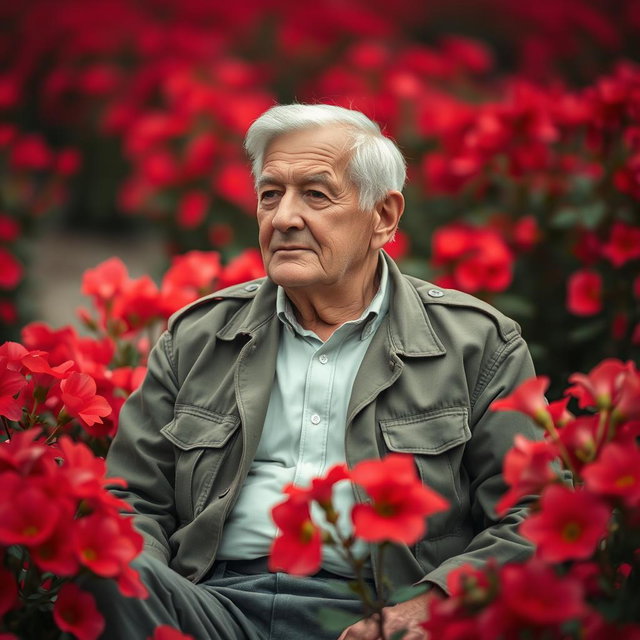 An elderly man sitting peacefully among vibrant red flowers, dressed in military attire
