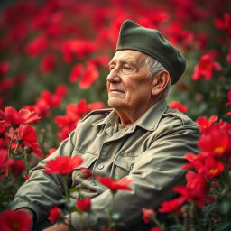 An elderly man sitting peacefully among vibrant red flowers, dressed in military attire