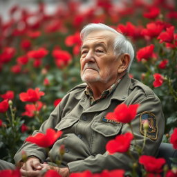 An elderly man sitting peacefully among vibrant red flowers, dressed in military attire