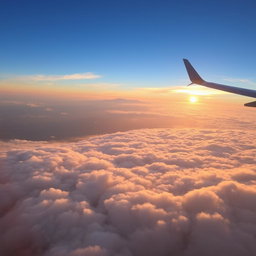 A breathtaking aerial view taken from a plane window, showcasing a vast expanse of fluffy white clouds beneath, illuminated by soft golden sunlight
