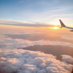A breathtaking aerial view taken from a plane window, showcasing a vast expanse of fluffy white clouds beneath, illuminated by soft golden sunlight