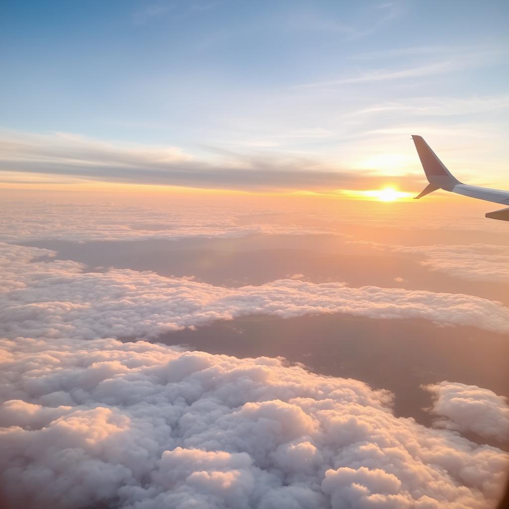 A breathtaking aerial view taken from a plane window, showcasing a vast expanse of fluffy white clouds beneath, illuminated by soft golden sunlight