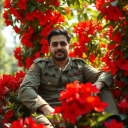 Ghasem Soleymani sitting gracefully among vibrant red flowers, wearing a military uniform, showcasing his strong and charismatic presence