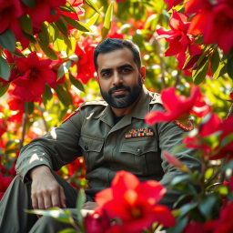 Ghasem Soleymani sitting gracefully among vibrant red flowers, wearing a military uniform, showcasing his strong and charismatic presence
