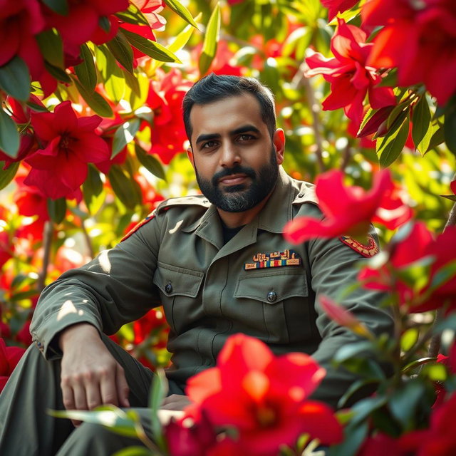 Ghasem Soleymani sitting gracefully among vibrant red flowers, wearing a military uniform, showcasing his strong and charismatic presence
