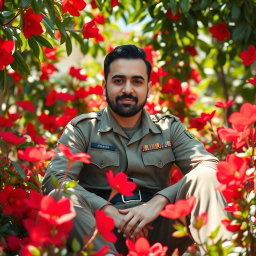 Ghasem Soleymani sitting gracefully among vibrant red flowers, wearing a military uniform, showcasing his strong and charismatic presence