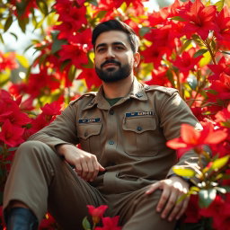 Ghasem Soleymani sitting gracefully among vibrant red flowers, wearing a military uniform, showcasing his strong and charismatic presence