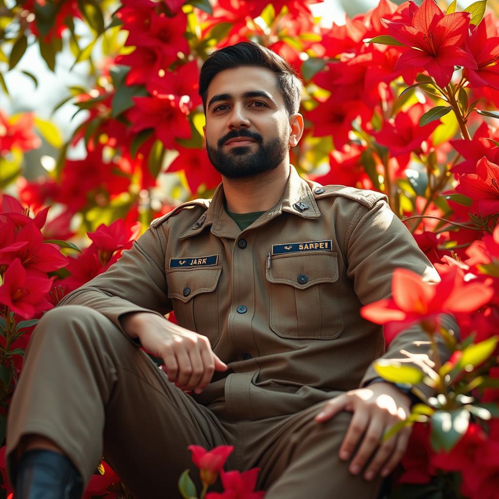 Ghasem Soleymani sitting gracefully among vibrant red flowers, wearing a military uniform, showcasing his strong and charismatic presence