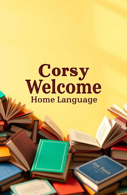 A cozy and inviting English home language cover design, featuring a warm and welcoming background, surrounded by small books of various colors and sizes