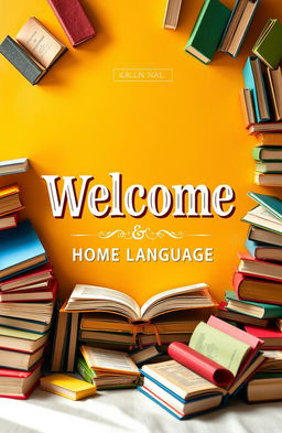A cozy and inviting English home language cover design, featuring a warm and welcoming background, surrounded by small books of various colors and sizes