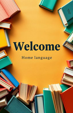 A cozy and inviting English home language cover design, featuring a warm and welcoming background, surrounded by small books of various colors and sizes