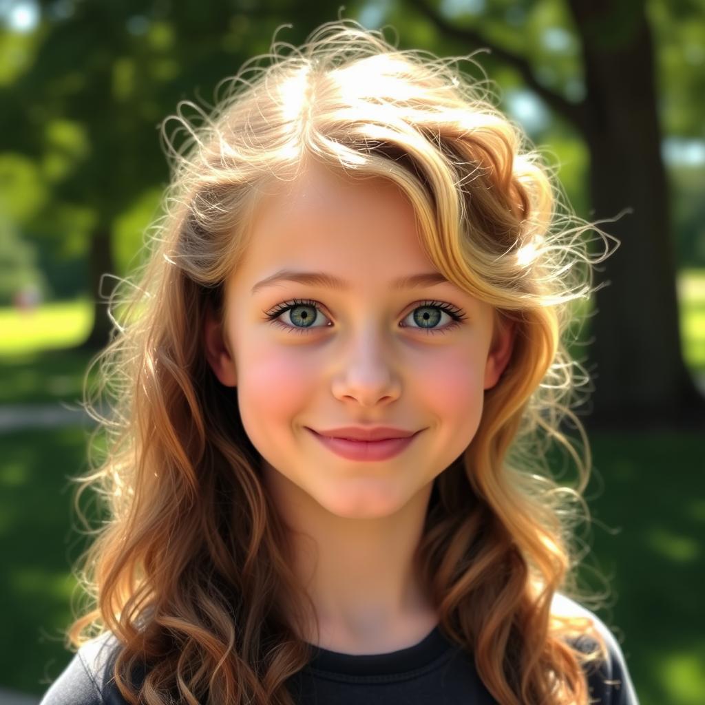 A teenage girl with a mix of her parents' features: she has long, wavy hair that combines her mother's curly brown locks and her father's blonde waves