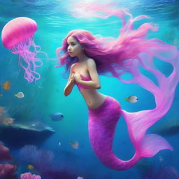 The enchanting mermaid now notices a young boy struggling beneath the waves. With swift grace, she navigates through the electric pink jellyfish, swimming quickly to his rescue.