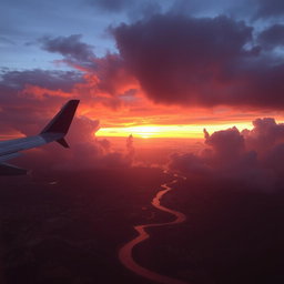 A breathtaking view from an airplane window showcasing dramatic cloud formations against a vibrant sunset