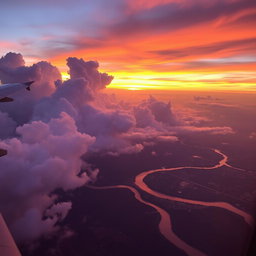 A breathtaking view from an airplane window showcasing dramatic cloud formations against a vibrant sunset