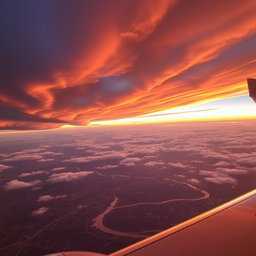 A breathtaking view from an airplane window showcasing dramatic cloud formations against a vibrant sunset