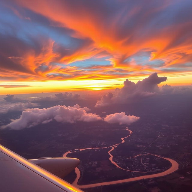 A breathtaking view from an airplane window showcasing dramatic cloud formations against a vibrant sunset