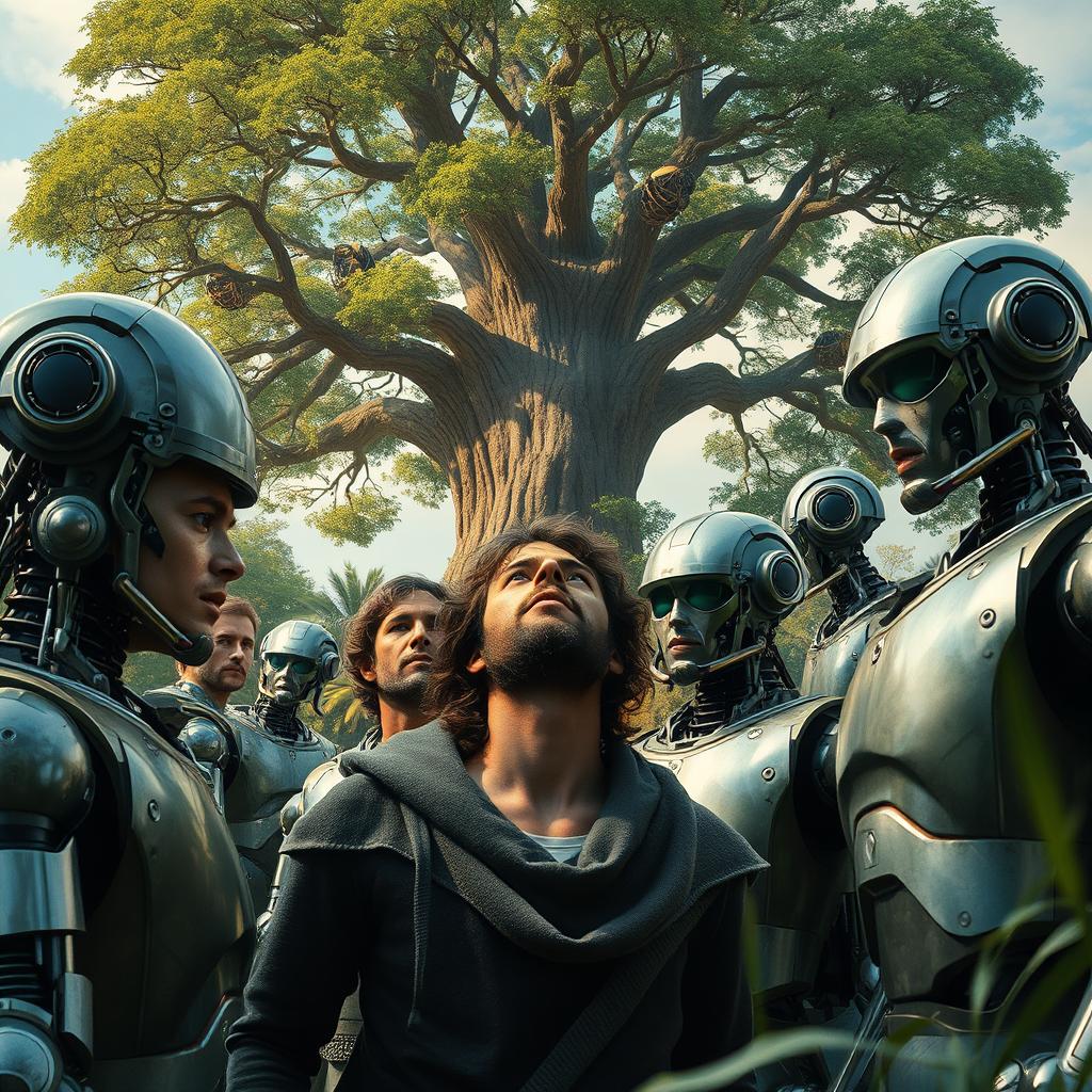 A striking scene depicting humans interacting with robots, symbolizing the coexistence of nature and technology
