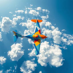 A stunning aerial view of a colorful, abstract geometric art piece painted on the surface of a plane, featuring vibrant shades of blue, orange, and yellow