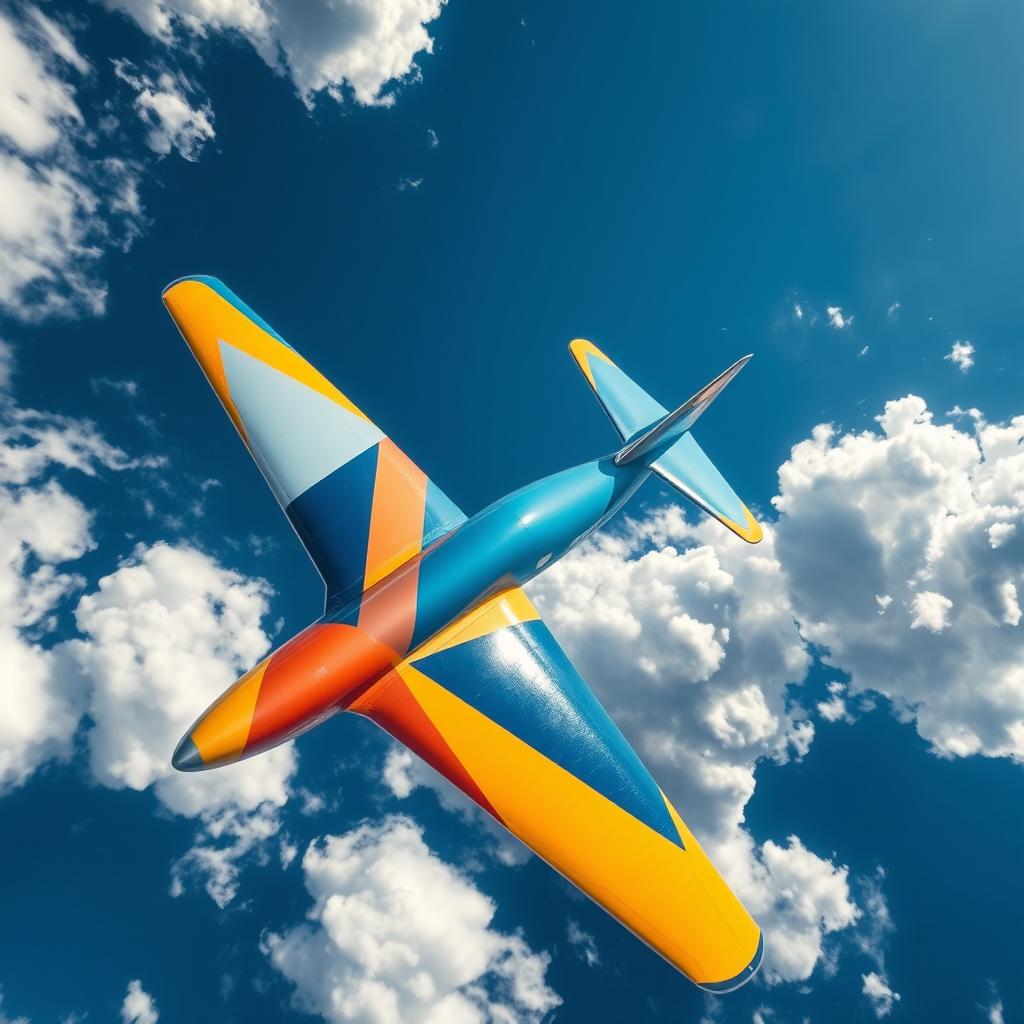 A stunning aerial view of a colorful, abstract geometric art piece painted on the surface of a plane, featuring vibrant shades of blue, orange, and yellow