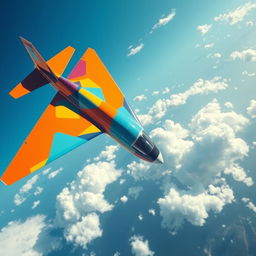 A stunning aerial view of a colorful, abstract geometric art piece painted on the surface of a plane, featuring vibrant shades of blue, orange, and yellow