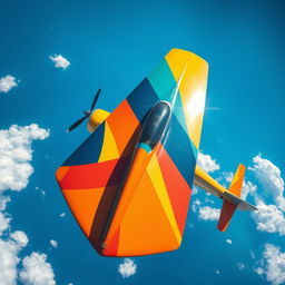 A stunning aerial view of a colorful, abstract geometric art piece painted on the surface of a plane, featuring vibrant shades of blue, orange, and yellow