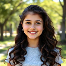 A teenage girl standing in a sunny park, with a bright smile and cheerful demeanor