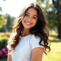 A teenage girl standing in a sunny park, with a bright smile and cheerful demeanor