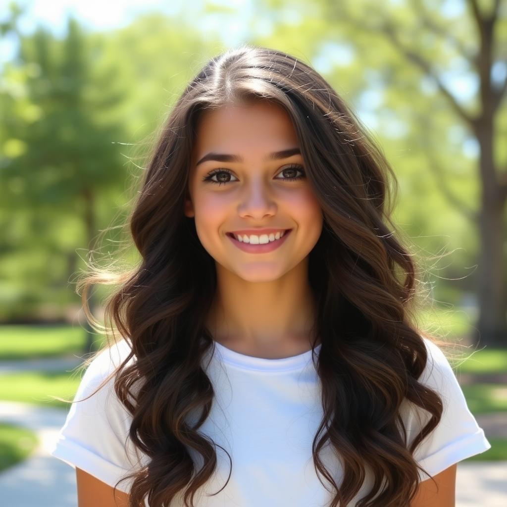 A teenage girl standing in a sunny park, with a bright smile and cheerful demeanor