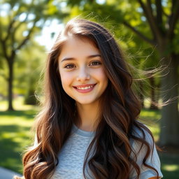 A teenage girl standing in a sunny park, with a bright smile and cheerful demeanor