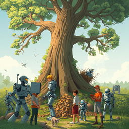 An engaging illustration of humans interacting with robots, set against the backdrop of a large tree symbolizing nature's struggle against technology