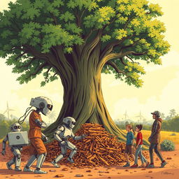 An engaging illustration of humans interacting with robots, set against the backdrop of a large tree symbolizing nature's struggle against technology