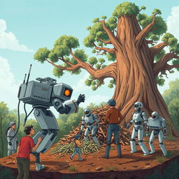 An engaging illustration of humans interacting with robots, set against the backdrop of a large tree symbolizing nature's struggle against technology