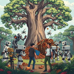 An engaging illustration of humans interacting with robots, set against the backdrop of a large tree symbolizing nature's struggle against technology
