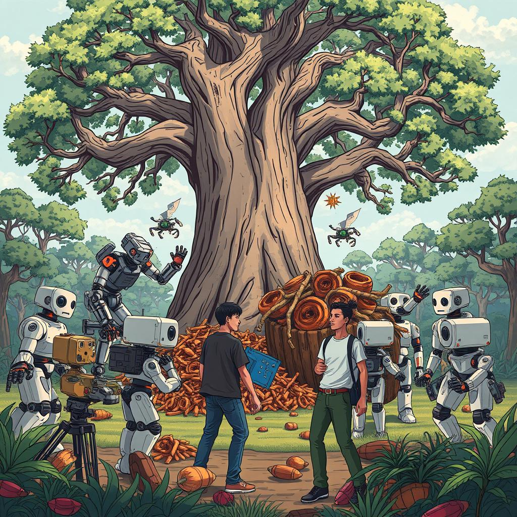 An engaging illustration of humans interacting with robots, set against the backdrop of a large tree symbolizing nature's struggle against technology