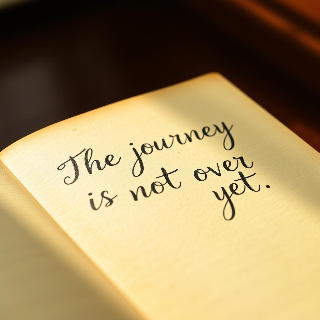 A close-up view of an open diary page, featuring an elegant handwritten note that reads, "The journey is not over yet" in bold, artistic lettering