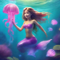 The enchanting mermaid now notices a young boy struggling beneath the waves. With swift grace, she navigates through the electric pink jellyfish, swimming quickly to his rescue.