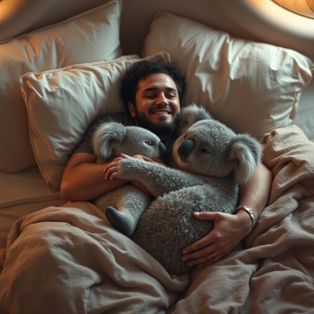 A cozy and intimate scene depicting a man lying comfortably on a bed, cradling his lover who is nestled against him and holding him tightly like a koala