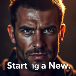 A close-up of a man's face, his eyes shining with determination and focus, reflecting the light around him