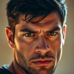 A close-up of a man's face, his eyes shining with determination and focus, reflecting the light around him