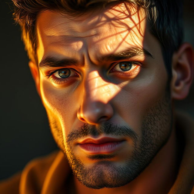 A close-up of a man's face, his eyes shining with determination and focus, reflecting the light around him