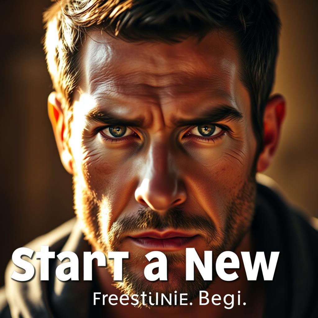 A close-up of a man's face, his eyes shining with determination and focus, reflecting the light around him