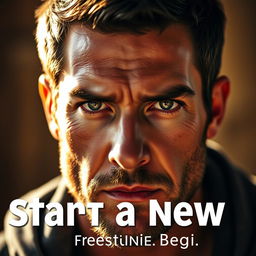 A close-up of a man's face, his eyes shining with determination and focus, reflecting the light around him