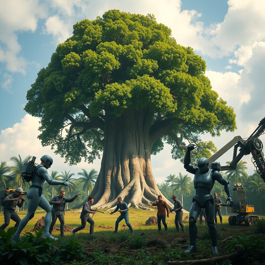 An engaging scene depicting humans interacting with robots against the backdrop of a majestic, large tree symbolizing nature