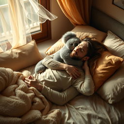 A cozy and intimate scene depicting a man lying down on a soft, plush bed